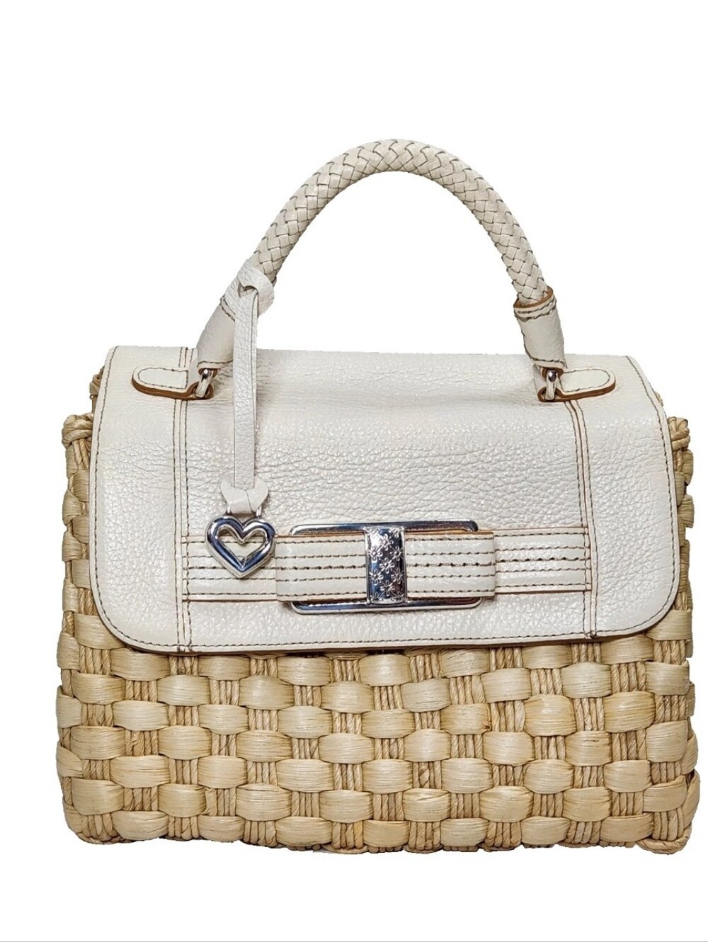 BRIGHTON Woven Straw Ivory Leather Top Handle Satchel Silver Hardware Raffia